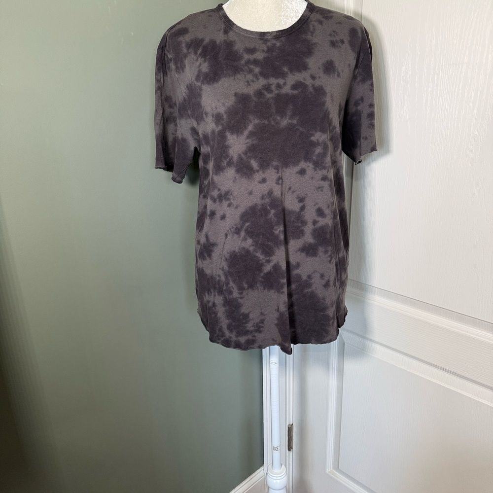 rag & bone Linen Cotton Tie Dye Tee Medium Black Charcoal Raw Hem Crew Neck
